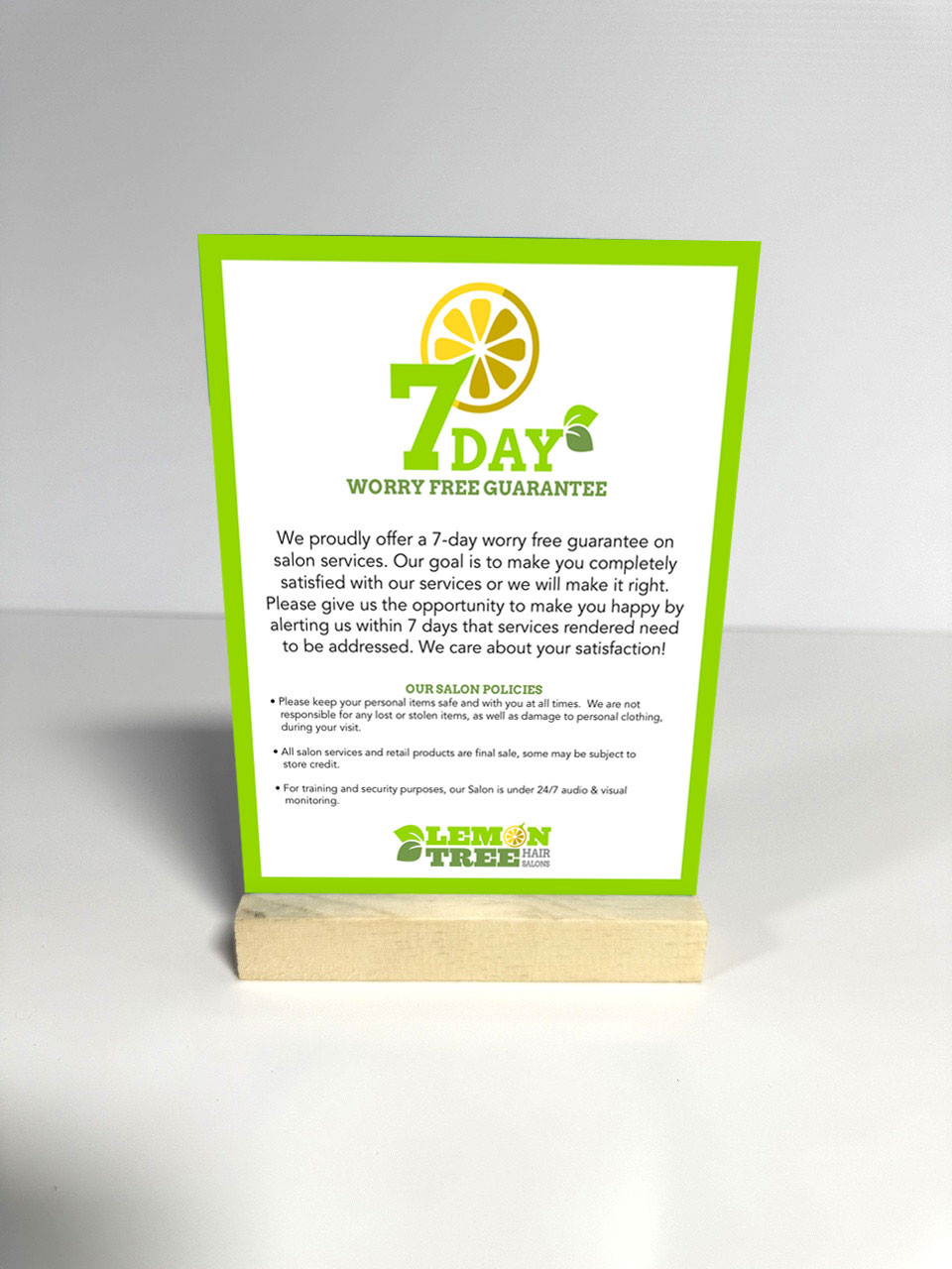 5"x7" 7 Day Worry Free Sign w/ Stand – LemonTree