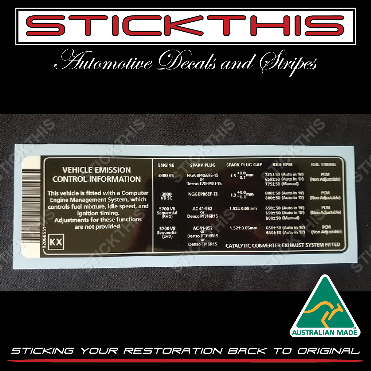 Engine Emission Decal Sticker V8 5.0L EFI - Suits Holden HSV SV - VN VG VQ VP SS
