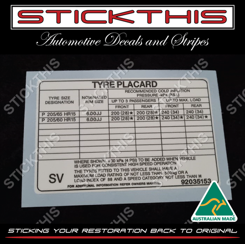 Tyre Placard - VL Sedan and Wagon Turbo with alloy wheels Decal 92035153 SV