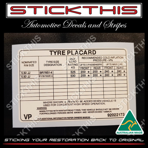 Tyre Placard - Holden VK 6 Cyl 14x5.5 Steel Wheels Decal 92022173 VP