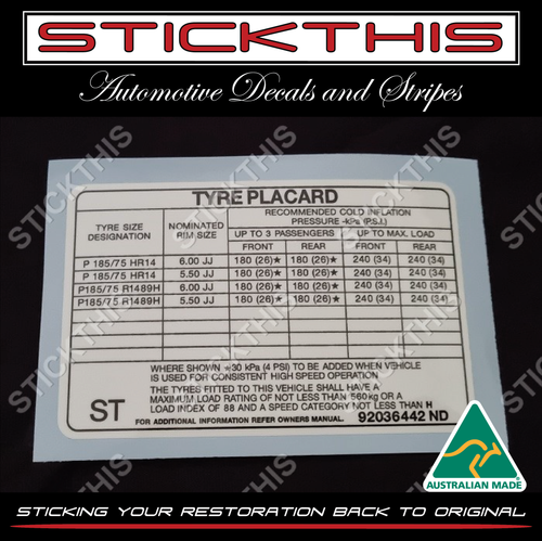 Tyre Placard - Holden VL Wagon Decal Sticker 92036442 ST