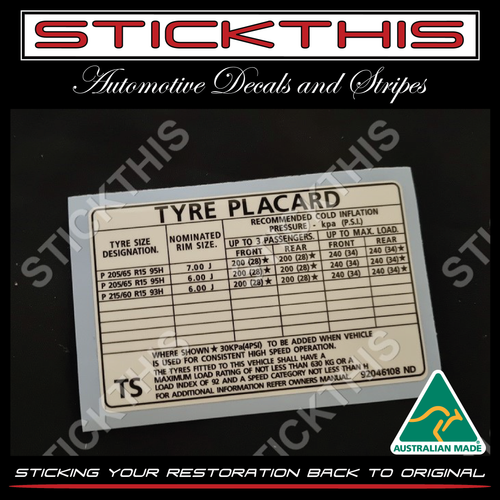 Tyre Placard - VP VR VS Sedan and Wagon with IRS 92046108