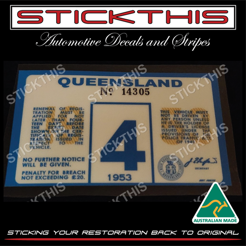 Reproduced QLD Registration Rego Label 1938-1956