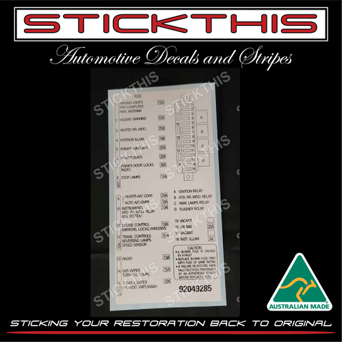 Fuse and Relay Under Dash Cover Decal - VR Berlina, Calais, Statesman 92049285