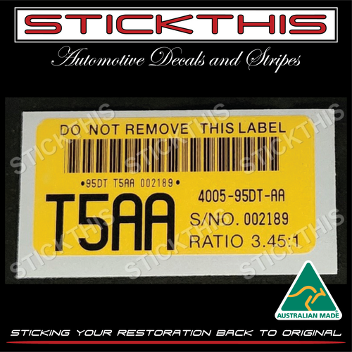 Ford Differential Diff ID Tag Label 95DT-4005-AA, T5AA, XH 1 Ton Ute 3.45:1 LSD