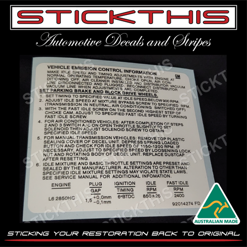 Emission 92014274 FD - VH (Early) 6cyl 2.85L 186