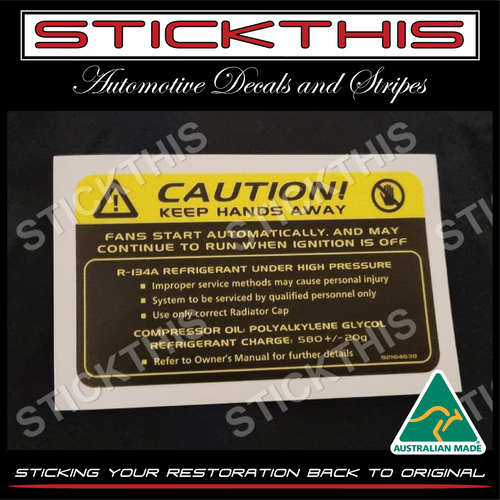 VE WM Commodore V6 V8 Engine Bay Air Conditioning Caution Decal 92164638