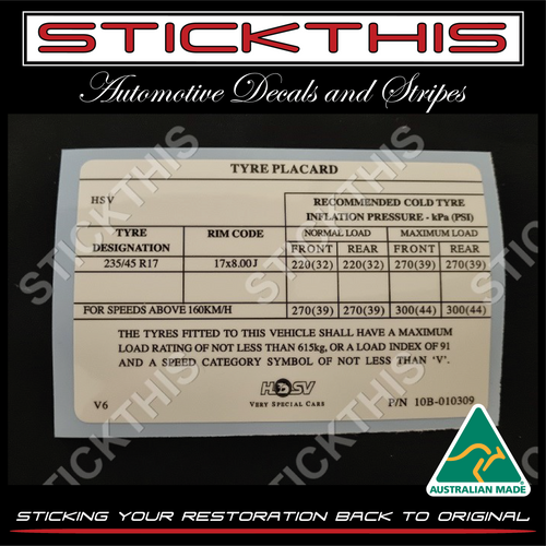 Tyre Placard - HSV 10B-010309 - VX XU6 (Series 2 Only)
