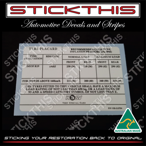 Tyre Placard - HSV 10B-010704 - VX GTS