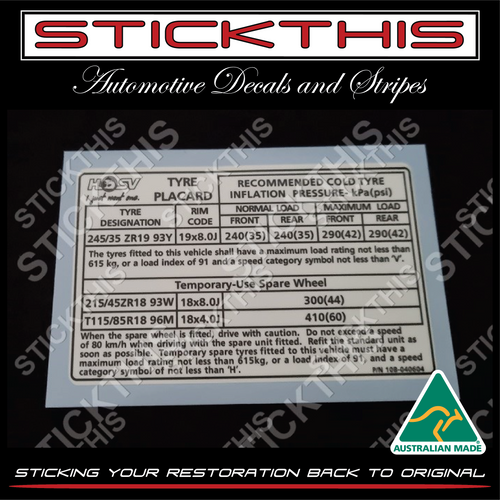 Tyre Placard - HSV 10B-040604 - VZ Clubsport, R8, Senator, GTO, LE, Signature & WL Grange