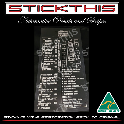 Fuse and Relay Cover Decal 92033321 - VL (July 1986 onwards with A/C Relay)