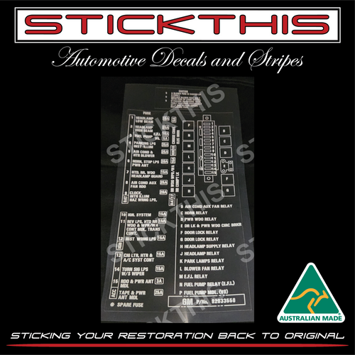 Fuse and Relay Cover Decal 92033558 - VL (July 1986 onwards exc. A/C Relay)