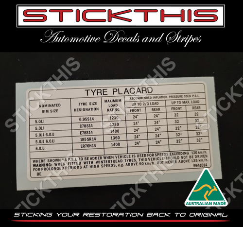 Tyre Placard HJ (late) 9941014 - Ute No A/C XX7 Sandman V8