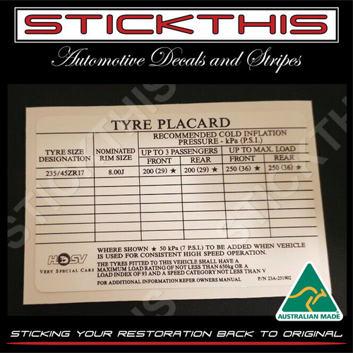 Tyre Placard - VP VR VS SV91 Clubsport Senator GTS GTS/R 23A-251902