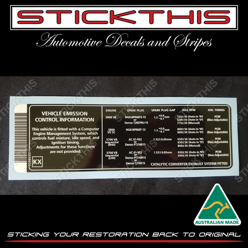 Vehicle Emission Control Information Decal KX - V2, VY, WK V6 and V8