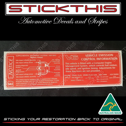 Vehicle Emission Control & SRS Decal MJ - VT (late) and VX Export V6  Chevrolet Caprice, Lumina, Omega, Pontiac