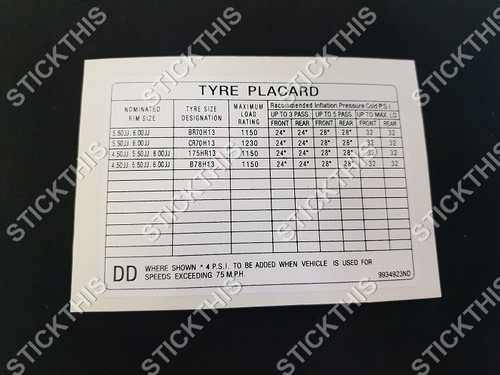 Tyre Placard - 9934923ND DD - Torana LH V8 SL and SLR