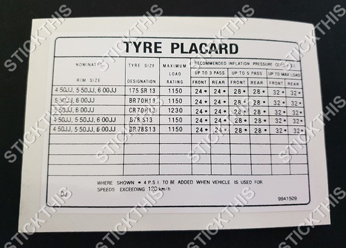 Tyre Placard - 9941509	DJ - Torana LX 6cyl SLR, SS and 8cyl S SL