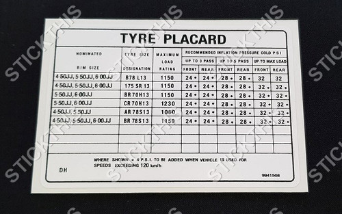 Tyre Placard - 9941508	DH - Torana LX 6cyl SL