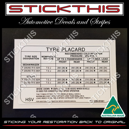 Tyre Placard - Early VN HSV LS Sedan Ute and Sports Wagon 22B-261901