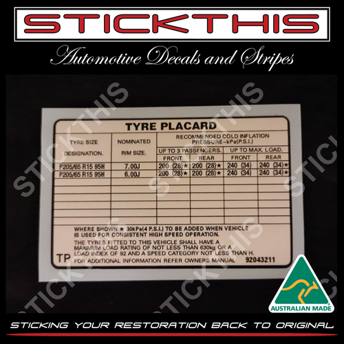 Tyre Placard - VQ, VR SS, VP-VS IRS 92043211