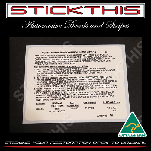 Holden Emission Decal 92021085 GI - VH VK SS Group A 5.0 Litre Including HDT