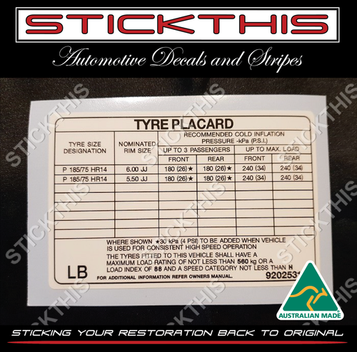 Tyre Placard - Holden VL Wagon Decal Sticker 92025312 LB