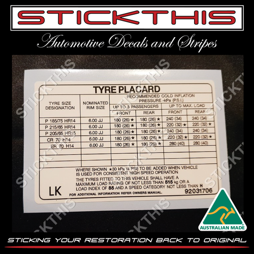 Tyre Placard - Holden VL Sedan 14" or 15" or Wagon 15" Steel Wheels Decal 92031706 LK
