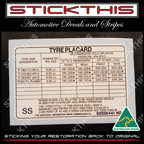 Tyre Placard - Holden VL Berlina Sedan Decal 92036441ND SS
