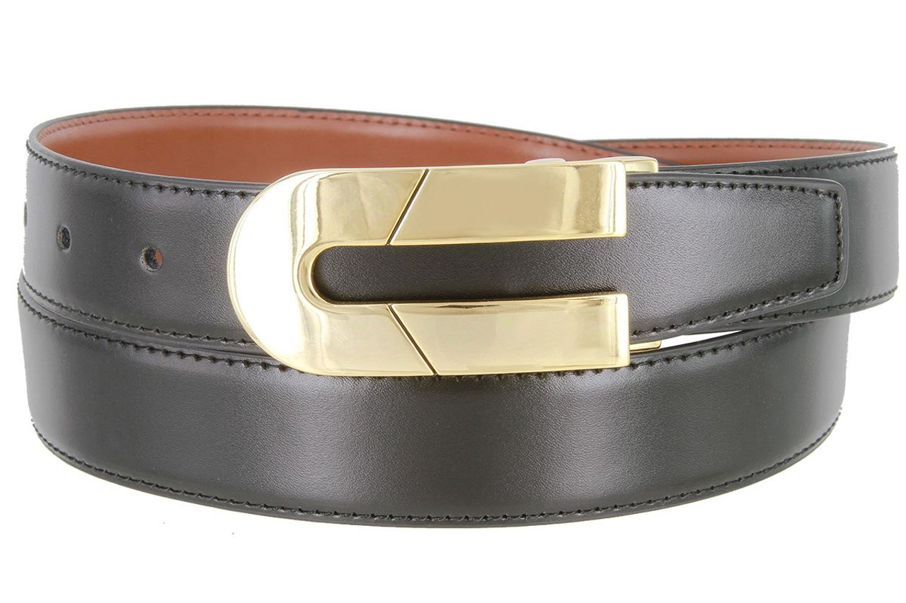 Classic Gold Buckle Reversible Belt Genuine Leather Dress Casual Belt  1-1/8(30mm) Wide