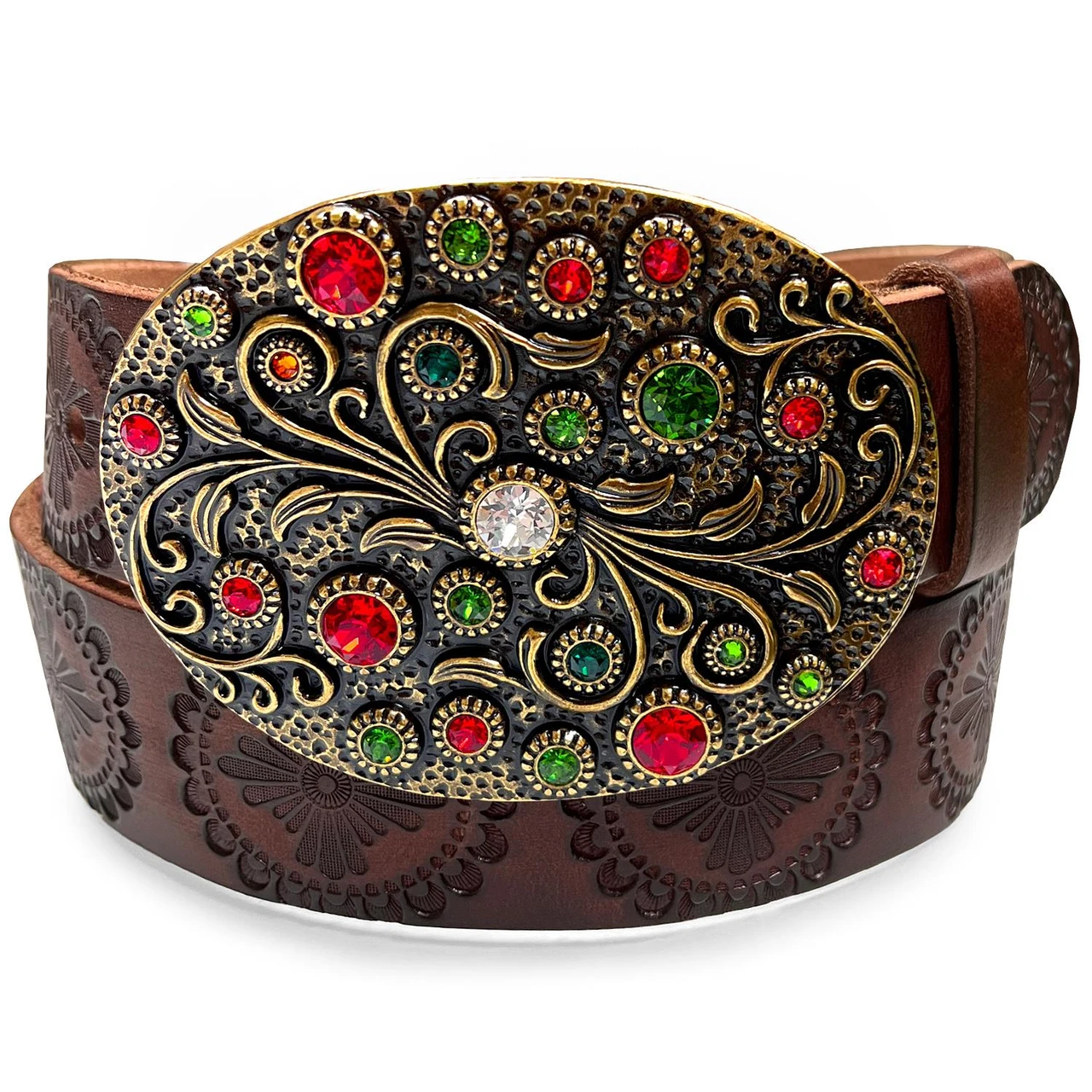 Rhinestone Crystal Oval Belt Buckle Antique Brass Full Grain 