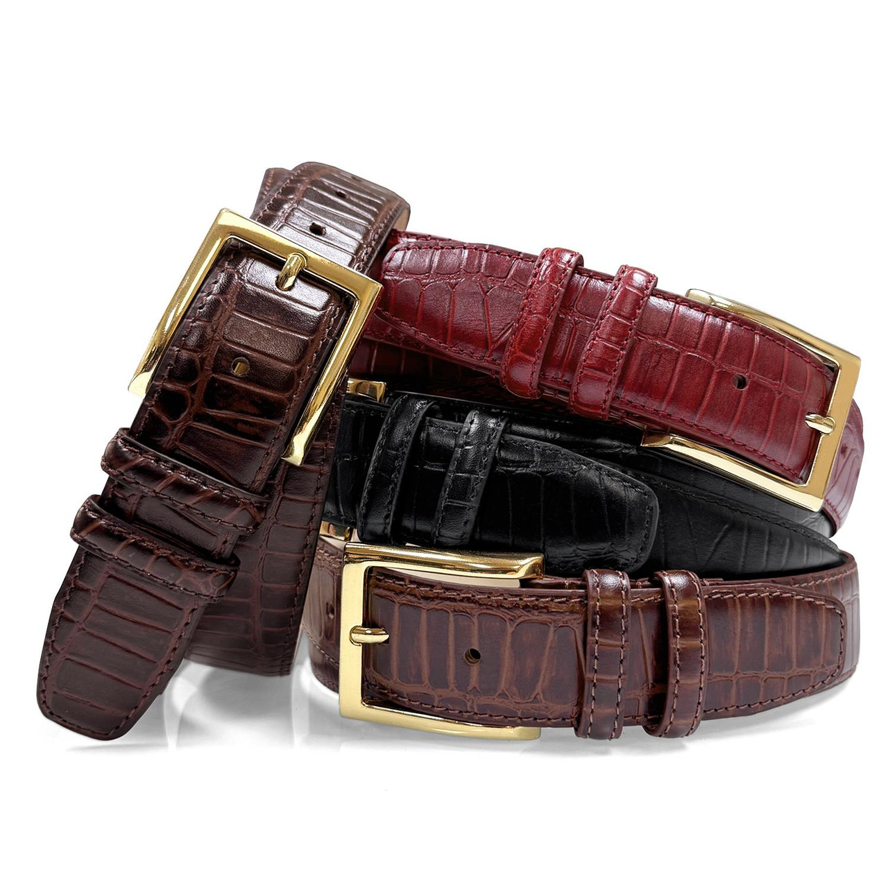 Men's Gold Buckle Genuine Leather Alligator Embossed Dress Belt 1