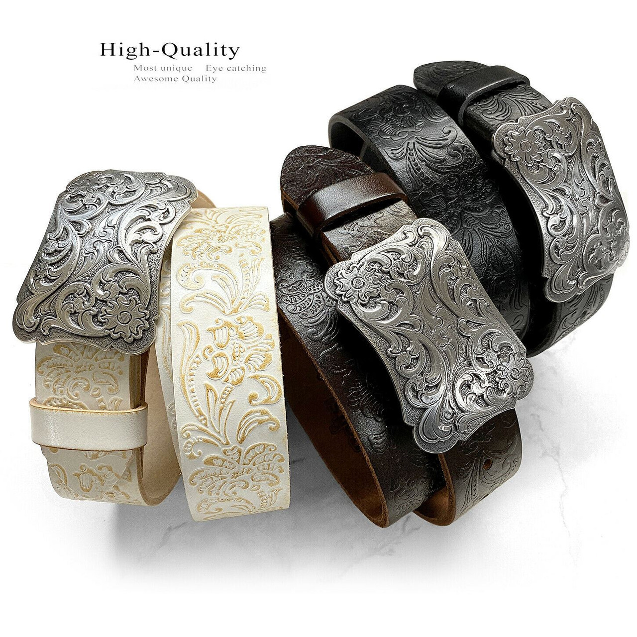 6339 Western Floral Engraved Buckle Tooled Full Grain Leather Belt