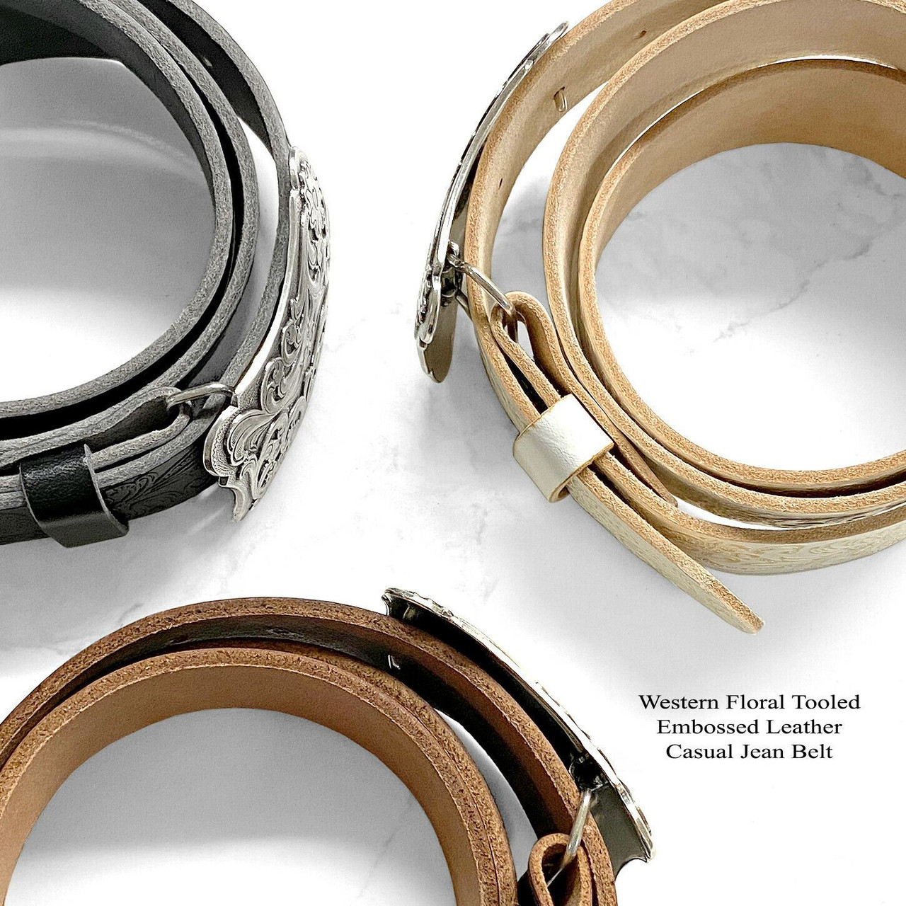 6339 Western Floral Engraved Buckle Tooled Full Grain Leather Belt