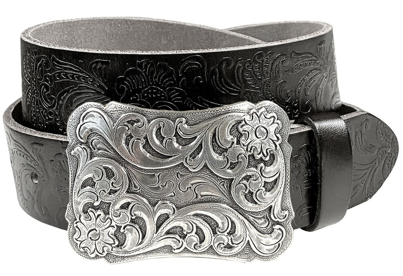 6339 Western Floral Engraved Buckle Tooled Full Grain Leather Belt