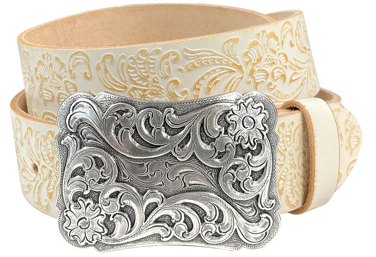 6339 Western Floral Engraved Buckle Tooled Full Grain Leather Belt