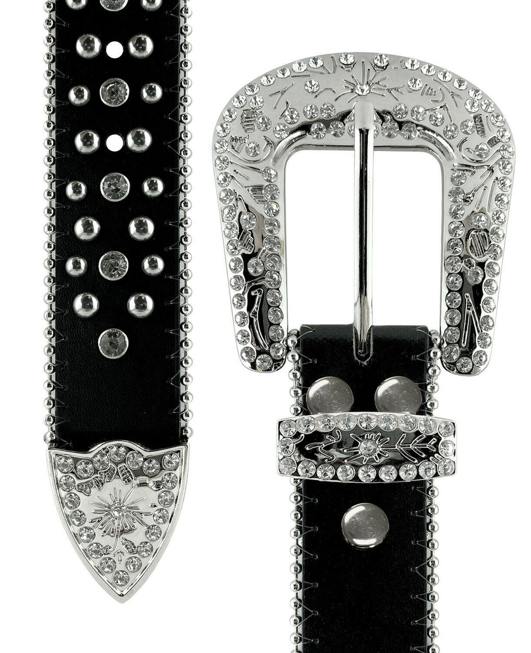 Western Black Leather Belt with Texas Rhinestones 40