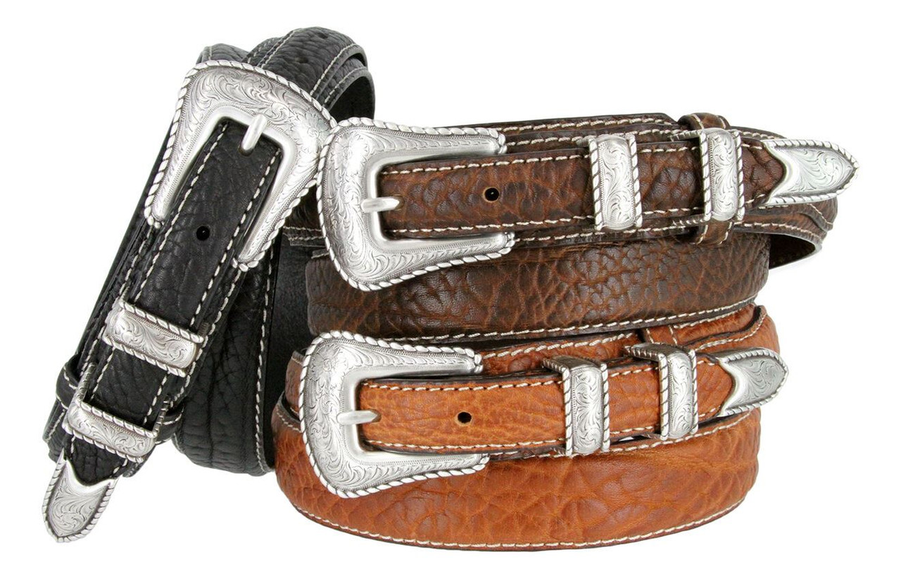 3595 Silver Engraved Rope Edge Buckle Genuine Leather Western Belt