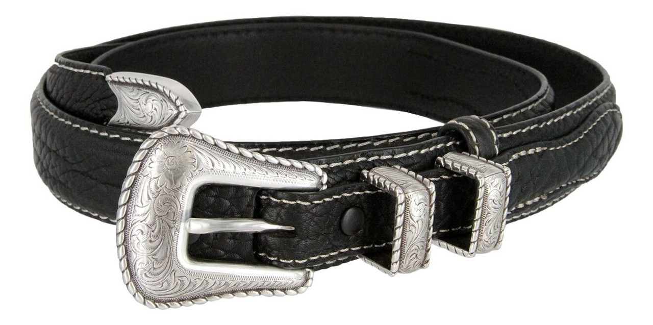 3595 Silver Engraved Rope Edge Buckle Genuine Leather Western Belt