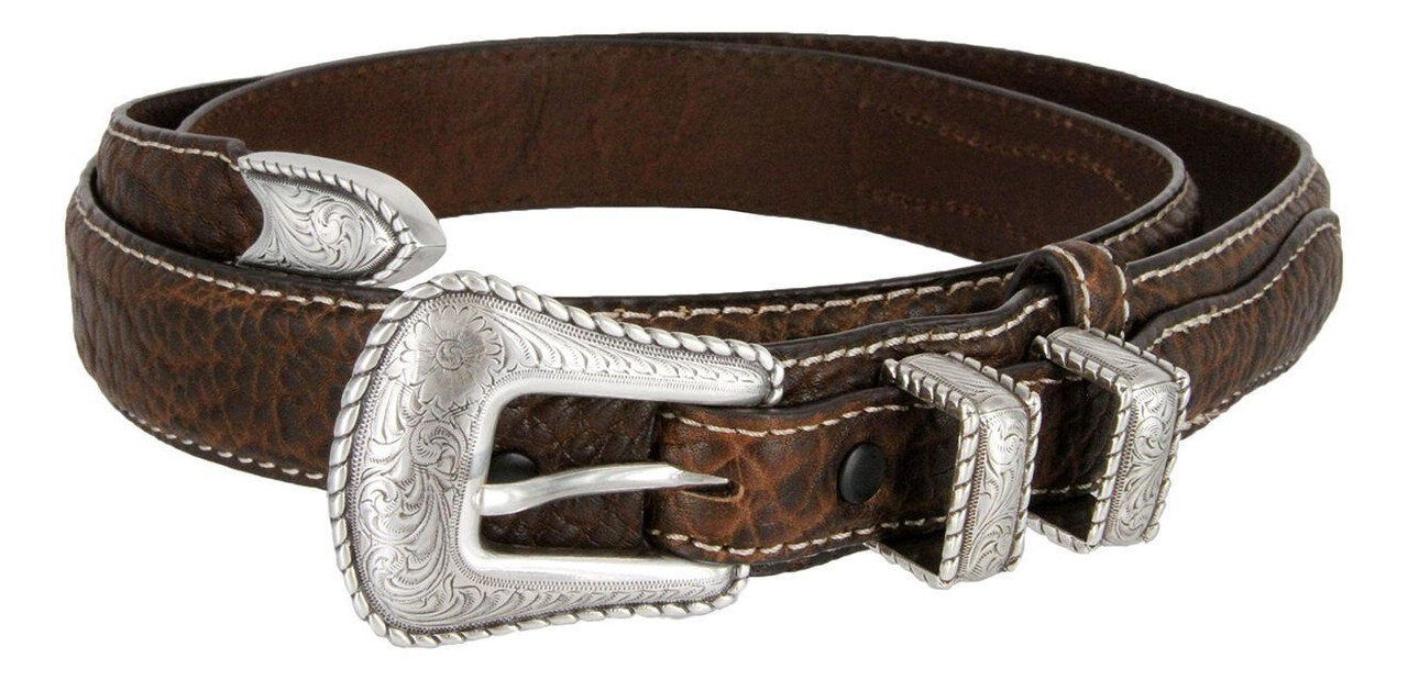 3595 Silver Engraved Rope Edge Buckle Genuine Leather Western Belt