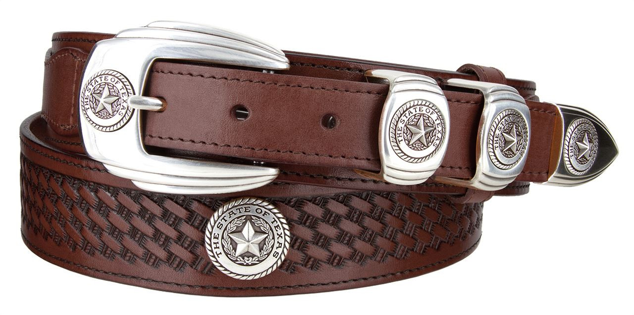 4654 Texas Seal Basket-Weave Embossed Ranger Style Full Grain Leather Belt  (25/38) 
