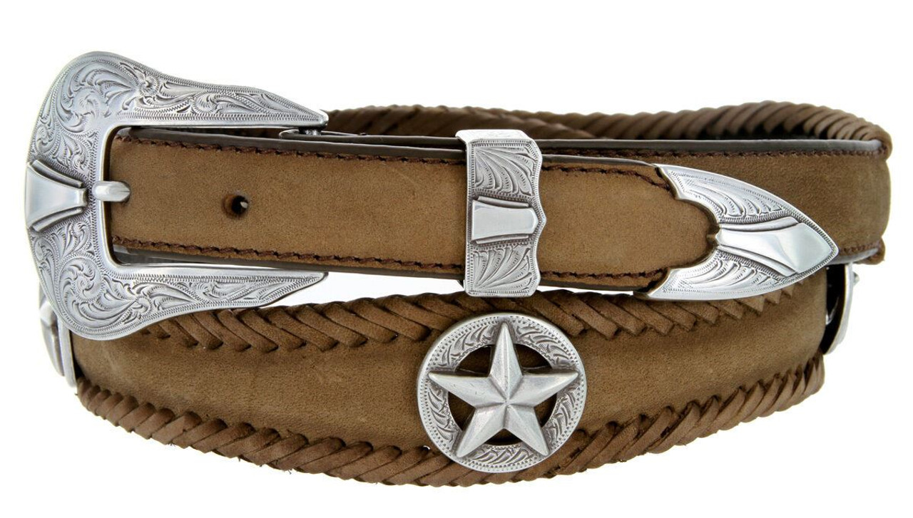 State of Texas Silver Star Conchos Crazy Horse Scalloped Genuine Leather  Western Belt 1(25mm) Wide 