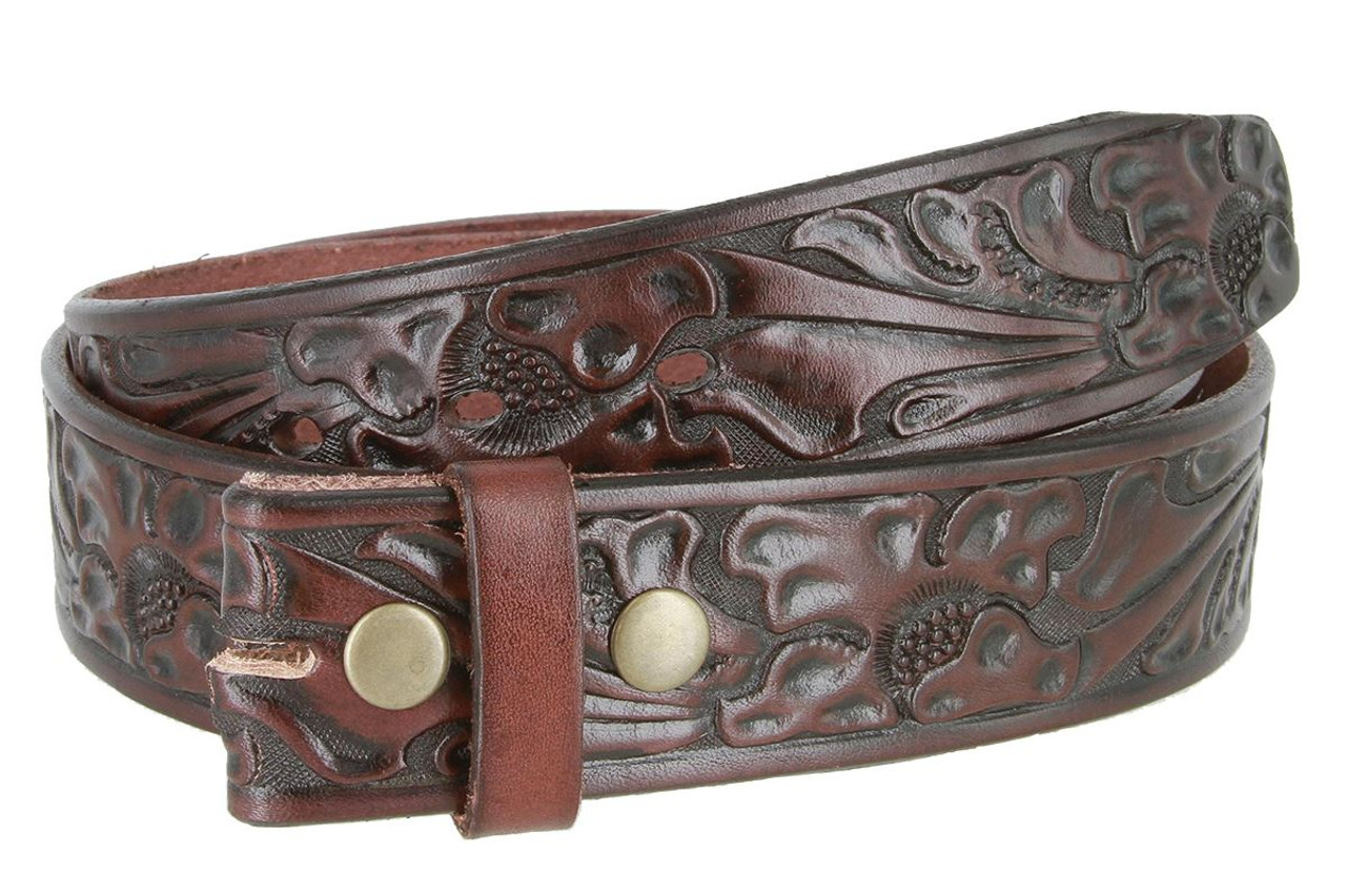 3562 Full Grain Leather Floral Embossed Belt Strap 1-1/2