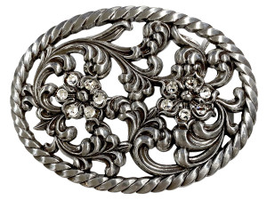 Antique Silver Flower Cutout Design Buckle Adorned with Austrian Rhinestones Antique Silver Flower Cutout Design Buckle Adorned with Austrian Rhinestones