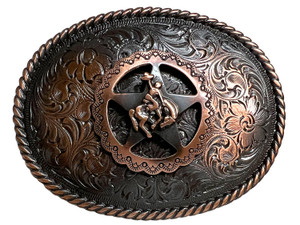 Western Copper Bronco Rider Star Rope Edged Floral Engraved Belt Buckle Western Copper Bronco Rider Star Rope Edged Floral Engraved Belt Buckle