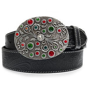 Rhinestone Crystal Oval Belt Buckle Antique Silver Full Grain Western Floral Engraved Belt 1-1/2"(38mm) Wide Rhinestone Crystal Oval Belt Buckle Antique Silver Full Grain Western Floral Engraved Belt 1-1/2"(38mm) Wide