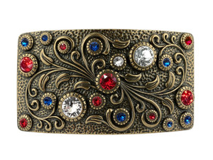 Rhinestone Crystal Belt Buckle Antique Brass Rectangle Floral Engraved Buckle (Crystal-Capri Blue-Lt Siam) Rhinestone Crystal Belt Buckle Antique Brass Rectangle Floral Engraved Buckle (Crystal-Capri Blue-Lt Siam)