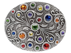 Rhinestone Crystal Oval Belt Buckle Antique Silver Floral Engraved Buckle (Capri Blue-Fern Green-Lt Siam-Citrine-Heliotrope-Tangerine) Rhinestone Crystal Oval Belt Buckle Antique Silver Floral Engraved Buckle (Capri Blue-Fern Green-Lt Siam-Citrine-Heliotrope-Tangerine)