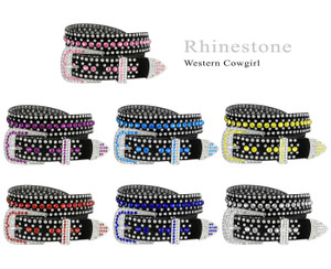 1006 Rhinestone Belt Fashion Western Bling Crystal Studded Design Suede Leather Belt 1-3/8"(35mm) Wide