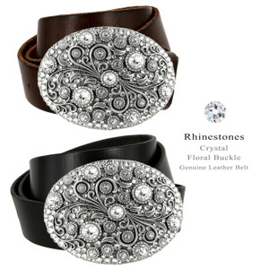 1310 Timeless Tranquility Austrian Crystal Adorned Floral Buckle Genuine Full Grain Leather Belt 1-1/2"(38mm) Wide 1310 Timeless Tranquility Austrian Crystal Adorned Floral Buckle Genuine Full Grain Leather Belt 1-1/2"(38mm) Wide